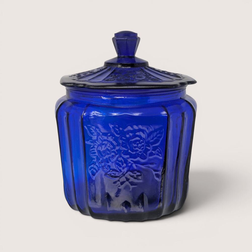 1980s Cobalt Blue Glass Cookie Jar